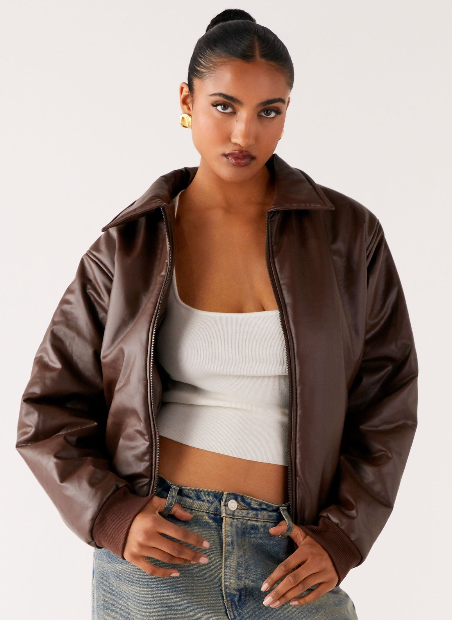 Outlands Faux Leather Bomber Jacket - Chocolate